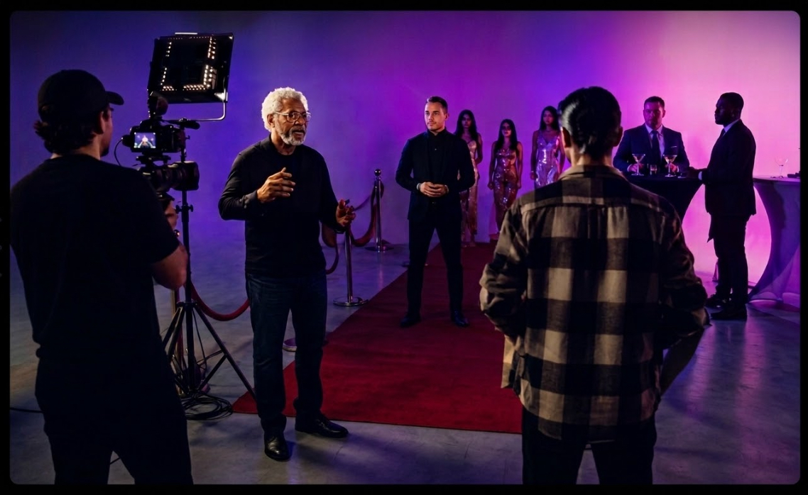 Sonelyne Productions filmset met rode loper en paarse belichting